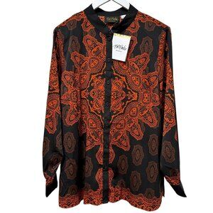 Bob Mackie Paisley Blouse Size Large Black Rust Orange Womens Top Button Up NWT